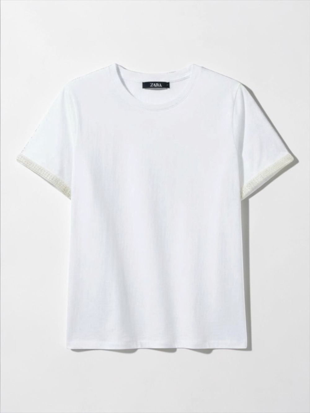 Zara White Pearl Trim Tee Short Sleeve Minimalist Top Size S NWT